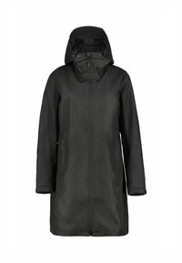 Parka impermeable negra con cremallera de longitud completa, capucha ajustable, mangas largas y bolsillos laterales. Textura lisa con un corte clásico.