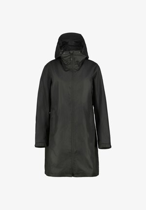 Parka imperméable noire avec fermeture éclair sur toute la longueur, capuche ajustable, manches longues et poches latérales. Texture lisse avec une coupe classique.