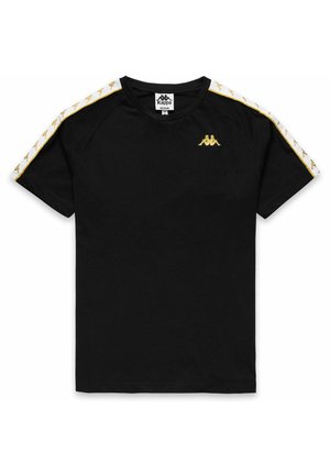 T-shirt nero a maniche corte realizzato in tessuto liscio, con strisce a motivo bianco e oro sulle spalle e un logo dorato sul petto.