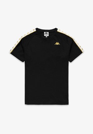 T-shirt nero a maniche corte realizzato in tessuto liscio, con strisce a motivo bianco e oro sulle spalle e un logo dorato sul petto.