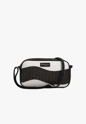 Sac à main noir et blanc avec panneau au motif ondulé, bandoulière réglable et étiquette avant portant l'inscription « remonte Depuis 1876 ».