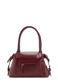 Burgundin nahkakäsilaukku, jossa on kaksi yläkahvaa, etupuolella vetoketjullinen tasku, sivuvetoketjut ja solk yksityiskohtia valkoista taustaa vasten.