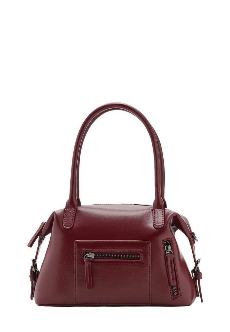 Burgundin nahkakäsilaukku, jossa on kaksi yläkahvaa, etupuolella vetoketjullinen tasku, sivuvetoketjut ja solk yksityiskohtia valkoista taustaa vasten.