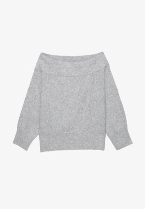 Grå, off-shoulder tröja i mjukt, texturerat tyg. Har långa, lösa ärmar och en ribbad nederkant.