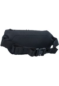 Schwarze Bauchtasche aus strapazierfähigem Stoff, mit Reißverschluss, verstellbarem Riemen und glatter Textur im minimalistischen Design.