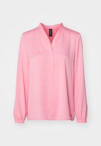 Pink long-sleeve blouse with a V-neck, elastic cuffs, and a straight hem. Made of soft fabric with a smooth texture. No visible patterns.