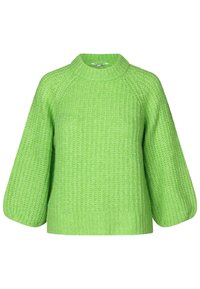 Grüner Strickpullover mit hohem Kragen, Raglanärmeln und einem strukturierten Muster. Der Stoff wirkt weich und voluminös und bietet Wärme.