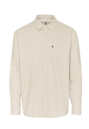 Beige long-sleeve button-up shirt with a collar, featuring a subtle vertical stripe pattern and a chest pocket. Designed with a relaxed fit.
