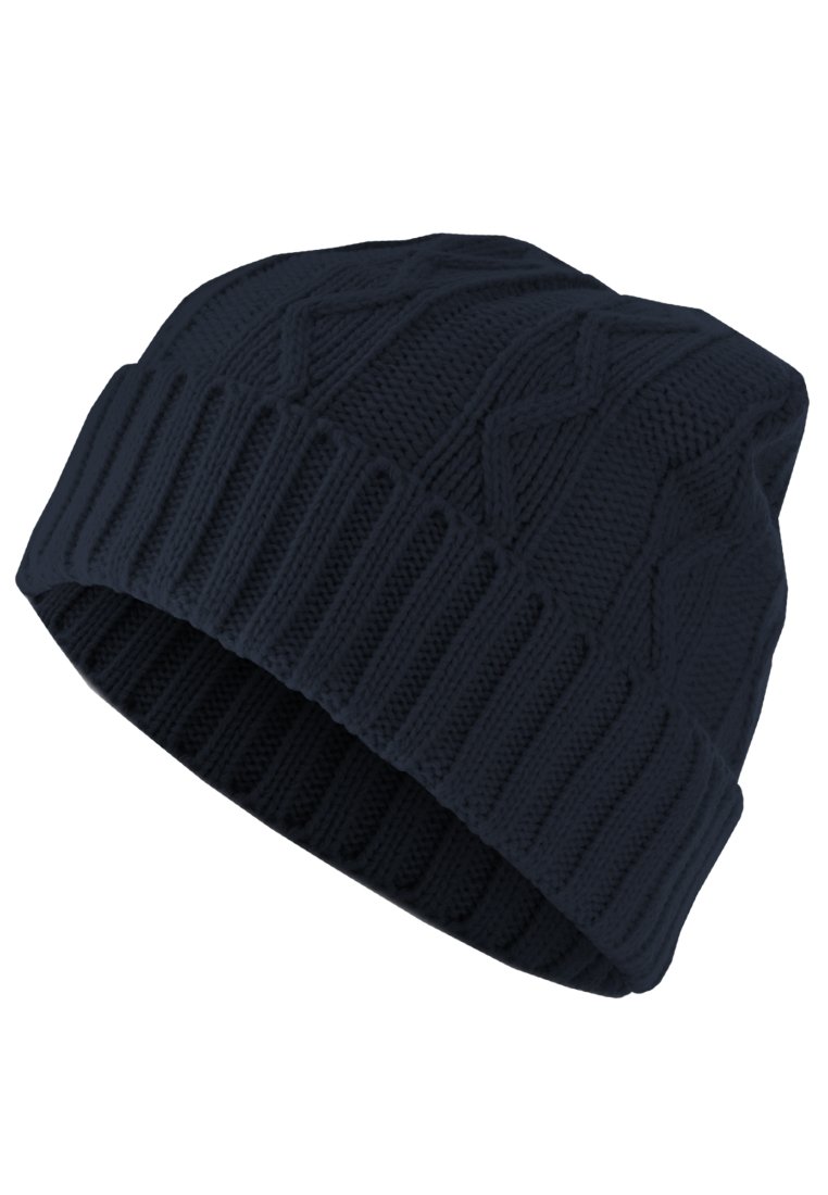 Navy knitted beanie with a ribbed texture and a diamond pattern. The design features a snug fit and a folded bottom edge.