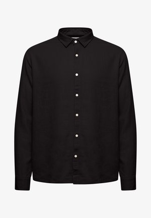 Chemise noire à manches longues en tissu léger, avec un col boutonné et des boutons blancs le long de la patte de boutonnage.