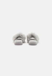 Gray fur slide slippers with a soft texture, open-toe design, and a thick sole. Features a plush band across the instep for comfort.