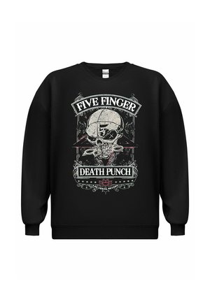 Sweat à capuche noir avec un graphique de crâne et le texte "FIVE FINGER DEATH PUNCH", comportant des motifs complexes et des couleurs contrastées dans l'impression.