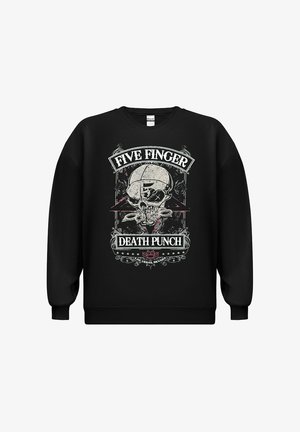 Sort sweatshirt med et grafik af et kranium og teksten "FIVE FINGER DEATH PUNCH", med intrikate design og kontrastfarver i printet.
