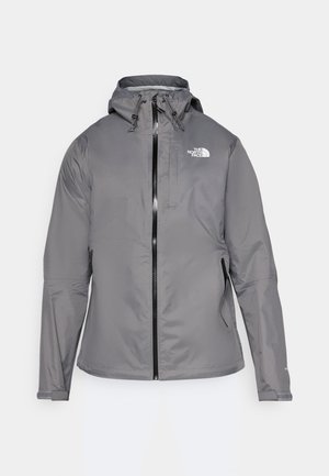Gray waterproof jacket with a hood, front zipper, logo on the upper left chest, and elastic cuffs. Smooth, lightweight fabric.