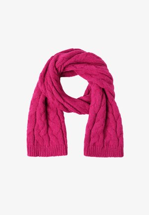 Bufanda de punto fucsia con un patrón de trenzas y bordes acanalados, hecha de una tela suave para proporcionar calor y comodidad.