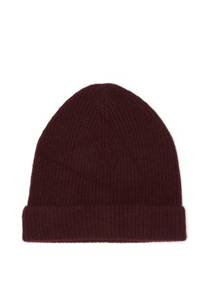 Dunkelbraune gestrickte Beanie-Mütze mit umgeschlagenem Saum, vor einfachem weißem Hintergrund gezeigt.