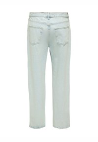 Ανοιχτό μπλε τζιν με ίσια γραμμή, πέντε τσέπες και ξεφτισμένα τελειώματα. Στο πίσω μέρος υπάρχουν δύο ραμμένες τσέπες και ελαφρώς ξεθωριασμένη υφή.