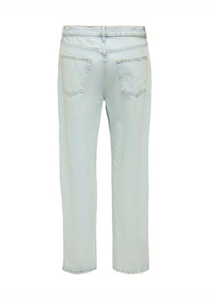Ανοιχτό μπλε τζιν με ίσια γραμμή, πέντε τσέπες και ξεφτισμένα τελειώματα. Στο πίσω μέρος υπάρχουν δύο ραμμένες τσέπες και ελαφρώς ξεθωριασμένη υφή.