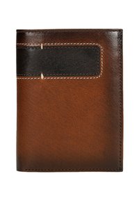 Brown leather wallet with a black leather accent, featuring contrasting stitching, a textured surface, and a subtle logo embossed on the front.