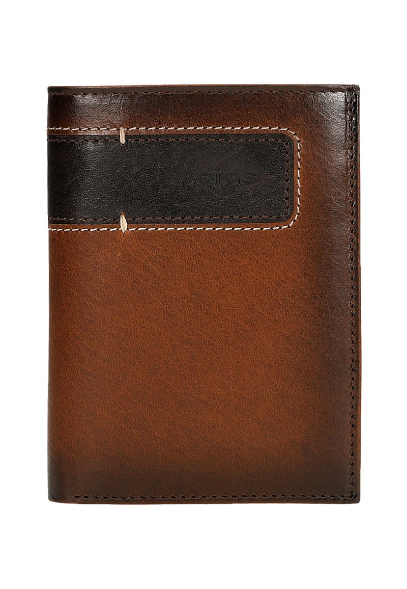 Brown leather wallet with a black leather accent, featuring contrasting stitching, a textured surface, and a subtle logo embossed on the front.