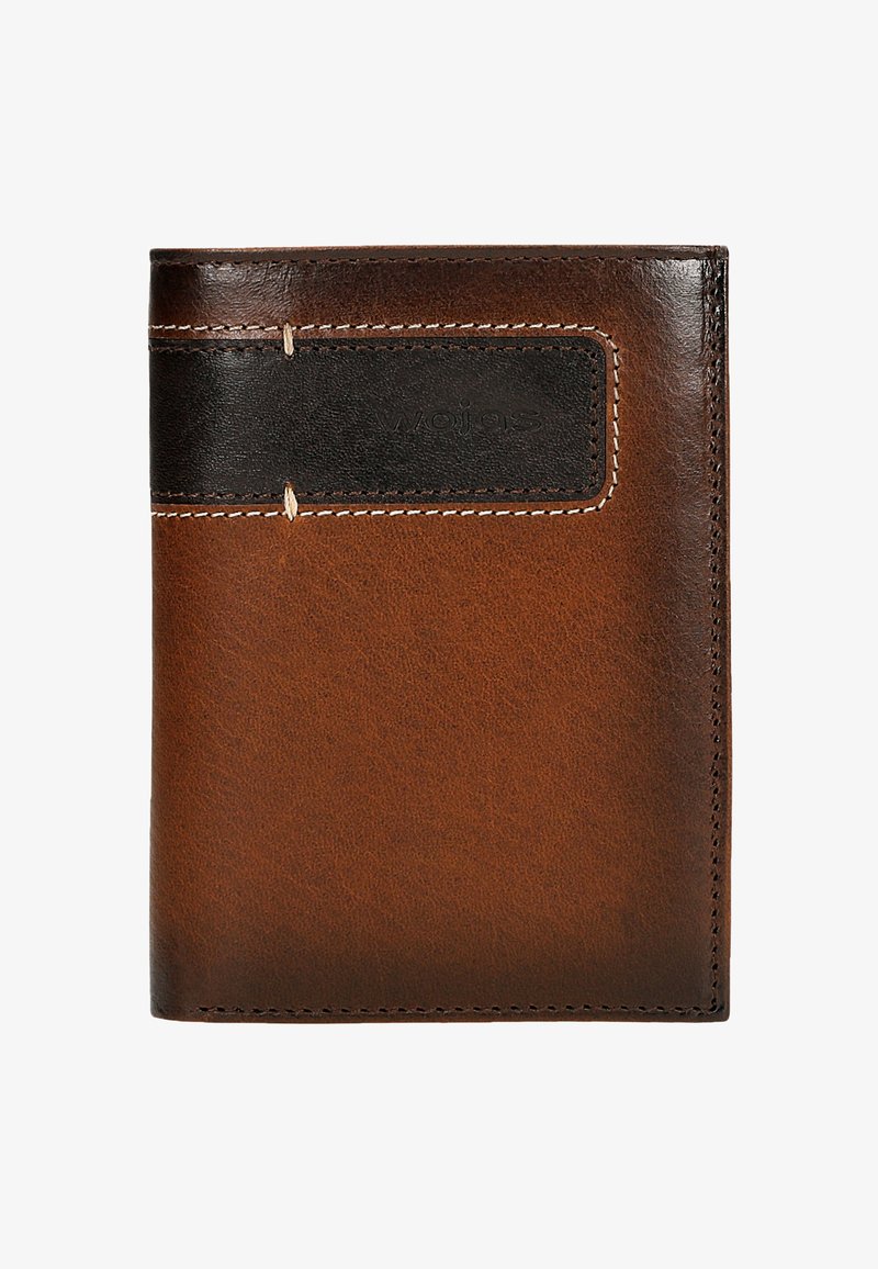 Brown leather wallet with a black leather accent, featuring contrasting stitching, a textured surface, and a subtle logo embossed on the front.