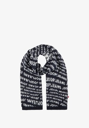 Marineblauwe gebreide sjaal met een herhalend wit tekstpatroon waarop "JOOP JEANS" staat. Zacht materiaal met geribbelde uiteinden.