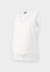 Weißes Spitzenshirt für Schwangere mit V-Ausschnitt, ärmellosem Design, floralen Mustern und einer taillierten Form, die die Silhouette betont.