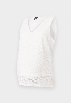 Hvit blonde graviditetstopp med V-hals, ärmløs design, blomster mønster og en tettsittende fasong som fremhever silhuetten.