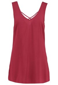 Top sans manches bordeaux avec un col en V et des bretelles croisées. Fabriqué dans un tissu lisse et léger au design ample.