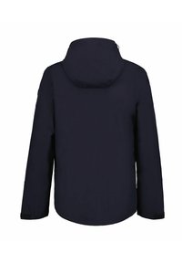 Marinblå vattentät jacka med huva, långa ärmar och justerbara manschetter. Har en slät yta och en minimalistisk design utan synliga logotyper.