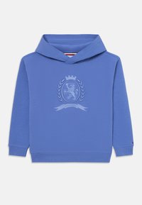 Blå sweatshirt med huva, med en broderad emblemdesign i mitten, textil med struktur, samt ribbade manschetter och nederkant.