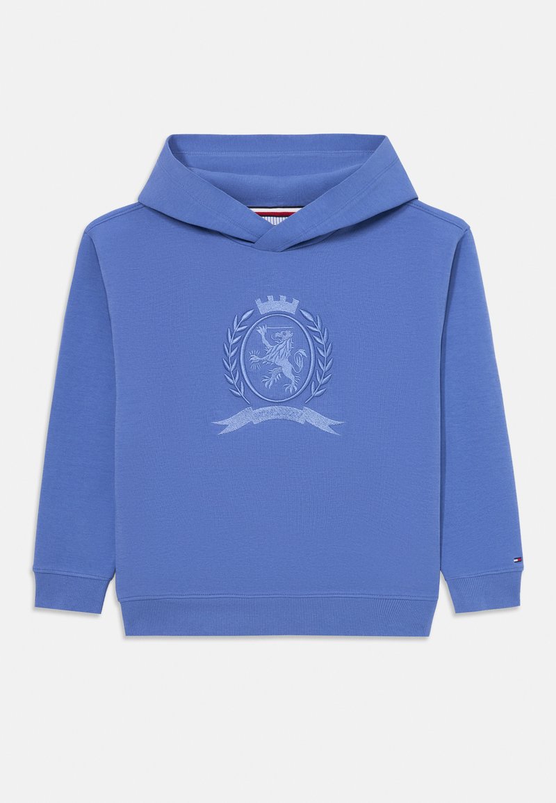 Blå hettegenser med broderte emblemdesign i midten, teksturert stoff og ribbestrikkede mansjetter og kant.