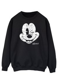 Čierna mikina s veľkým bielym grafickým motívom Mickey Mouse, ktorý má opotrebovaný vzhľad a podpis v pravom dolnom rohu. Okrúhly výstrih.