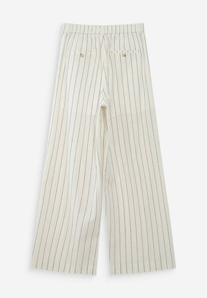 Pantaloni color crema a gamba larga con sottili righe verticali nere, vita elasticizzata e due tasche a filetto con bottone sul retro.