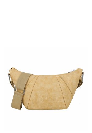 Hellbraune, strukturierte Umhängetasche mit breitem, verstellbarem Stoffriemen und dezentem, auf der Vorderseite zentriertem Präge-Logo.