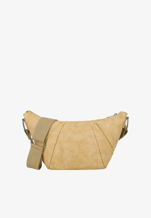 Hellbraune, strukturierte Umhängetasche mit breitem, verstellbarem Stoffriemen und dezentem, auf der Vorderseite zentriertem Präge-Logo.