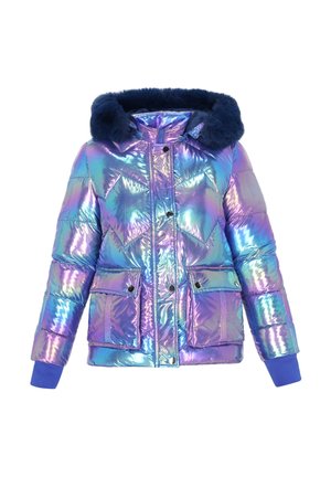 Doudoune irisée avec une capuche en fausse fourrure bleue, équipée de fermetures pression et de deux poches avant. Comprend des poignets côtelés et une texture brillante.
