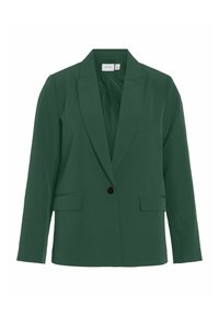 Grønn blazer med notched revers, enkelt knappelås, to frontlommer og en skreddersydd passform. Glatt stoff med matt finish.