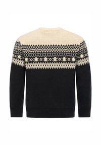 Zwarte gebreide trui met een crèmegekleurde yoke met geometrische ontwerpen en dierenmotieven. Ronde hals en geribbelde manchetten, zachte textuur.