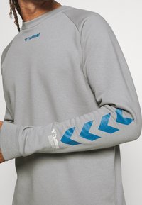 Sweatshirt gris avec un col rond, arborant des rayures en chevron bleu sur les manches et une marque sur la poitrine et le poignet. Texture lisse.