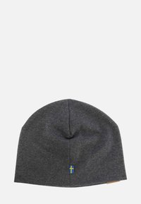Gray beanie hat made of soft fabric; features a small Swedish flag design in blue and yellow on the side. Smooth texture, simple shape.