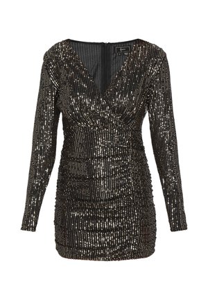Schwarzes Paillettenkleid mit langen Ärmeln, V-Ausschnitt, gerafftem Textur und glitzernden Akzenten. Reißverschluss hinten.
