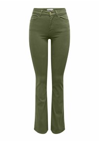 Jeans de campana verde oliva con cintura alta, cierre de botón, cinco bolsillos y textura suave; diseñados para una silueta ajustada.