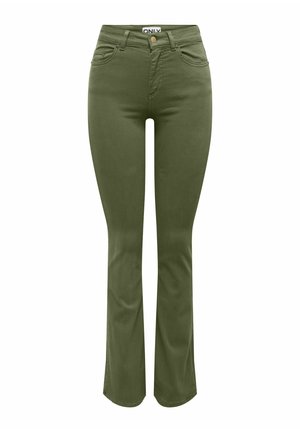 Olivgröna utsvängda jeans med hög midja, knappstängning, fem fickor och slät textur; skräddarsydda för en figurnära silhuett.