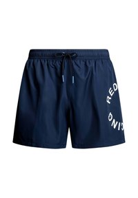 Pantaloni da nuoto blu navy con vita regolabile, caratterizzati da testo bianco sul lato. Realizzati in materiale sintetico leggero.