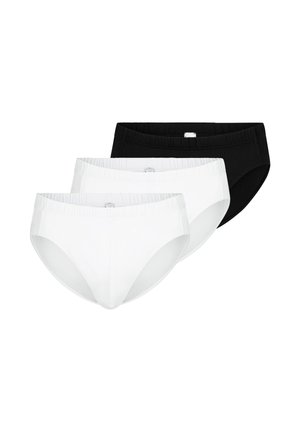 Drei Baumwoll-Slips mit elastischem Bund, zwei weiße vorne und ein schwarzer hinten, auf weißem Hintergrund.