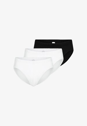 Drei Baumwoll-Slips mit elastischem Bund, zwei weiße vorne und ein schwarzer hinten, auf weißem Hintergrund.