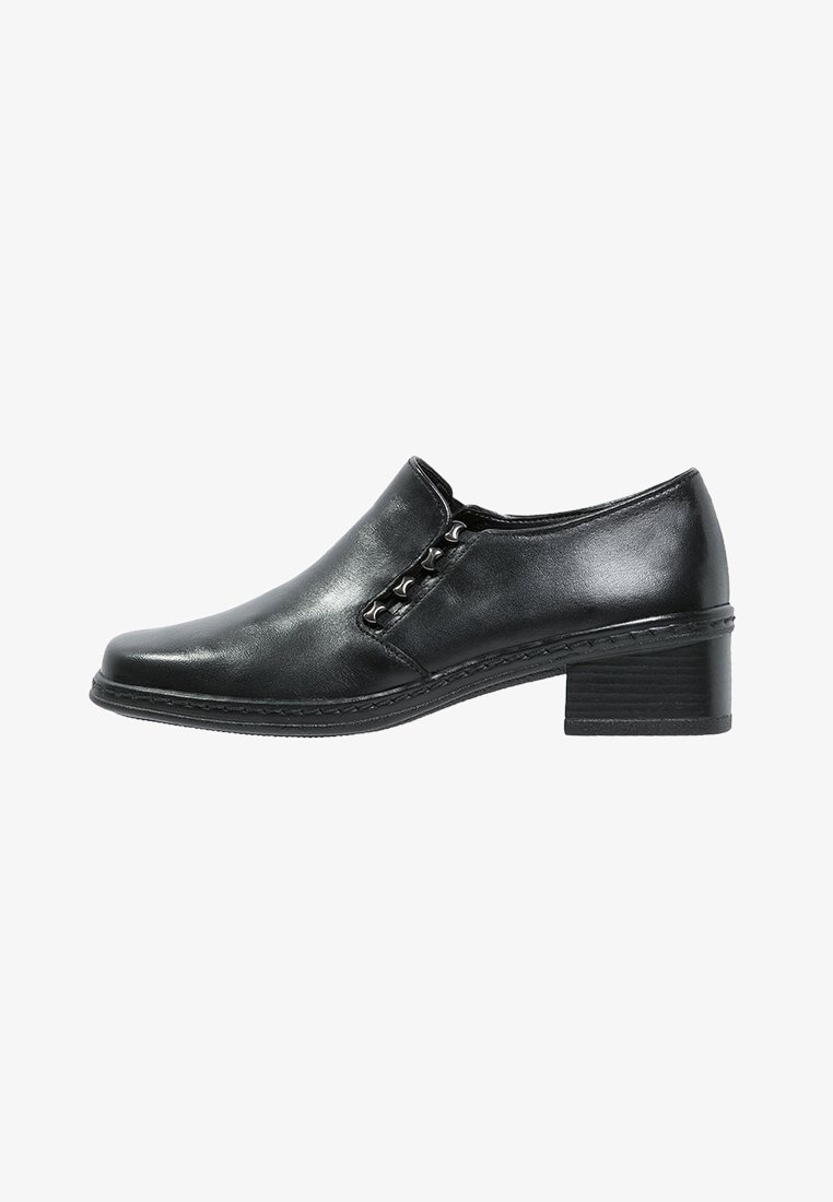 Chaussure en cuir noir à enfiler avec un petit talon carré et des lacets élastiques latéraux décoratifs, conçue pour une tenue formelle ou de bureau.