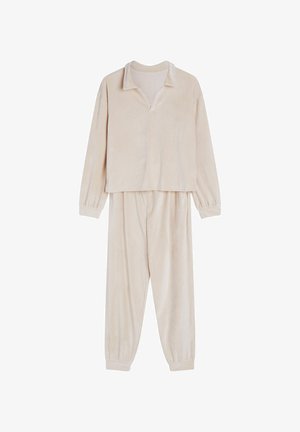Jasno beżowy zestaw odzieży domowej, zawierający bluzę z długim rękawem z kołnierzykiem oraz spodnie z elastycznymi mankietami, wykonany z miękkiej teksturowanej tkaniny.