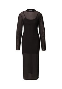Robe noire à manches longues avec un voile transparent, un corsage ajusté, un col haut et une silhouette fluide. Design élégant et minimaliste.